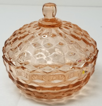 Champagne Pink Candy Bowl Storage Cut Glass Tooth Lid 1960s Vintage  - $18.95