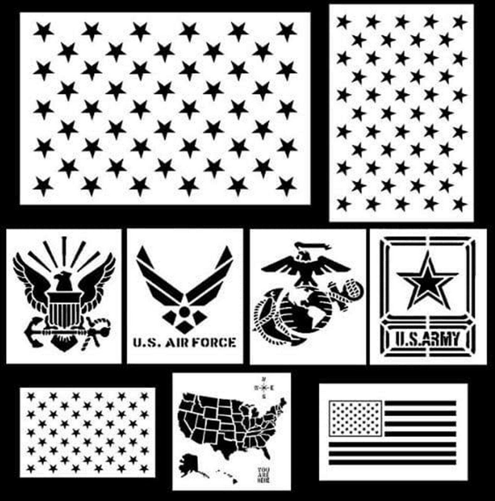 9 PACK Mylar American Patriot Stencil Set Marines ArmyNavy Flags US Map 50 Stars - $19.99