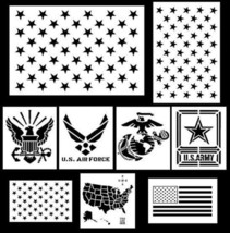 9 PACK Mylar American Patriot Stencil Set Marines ArmyNavy Flags US Map ... - £15.92 GBP