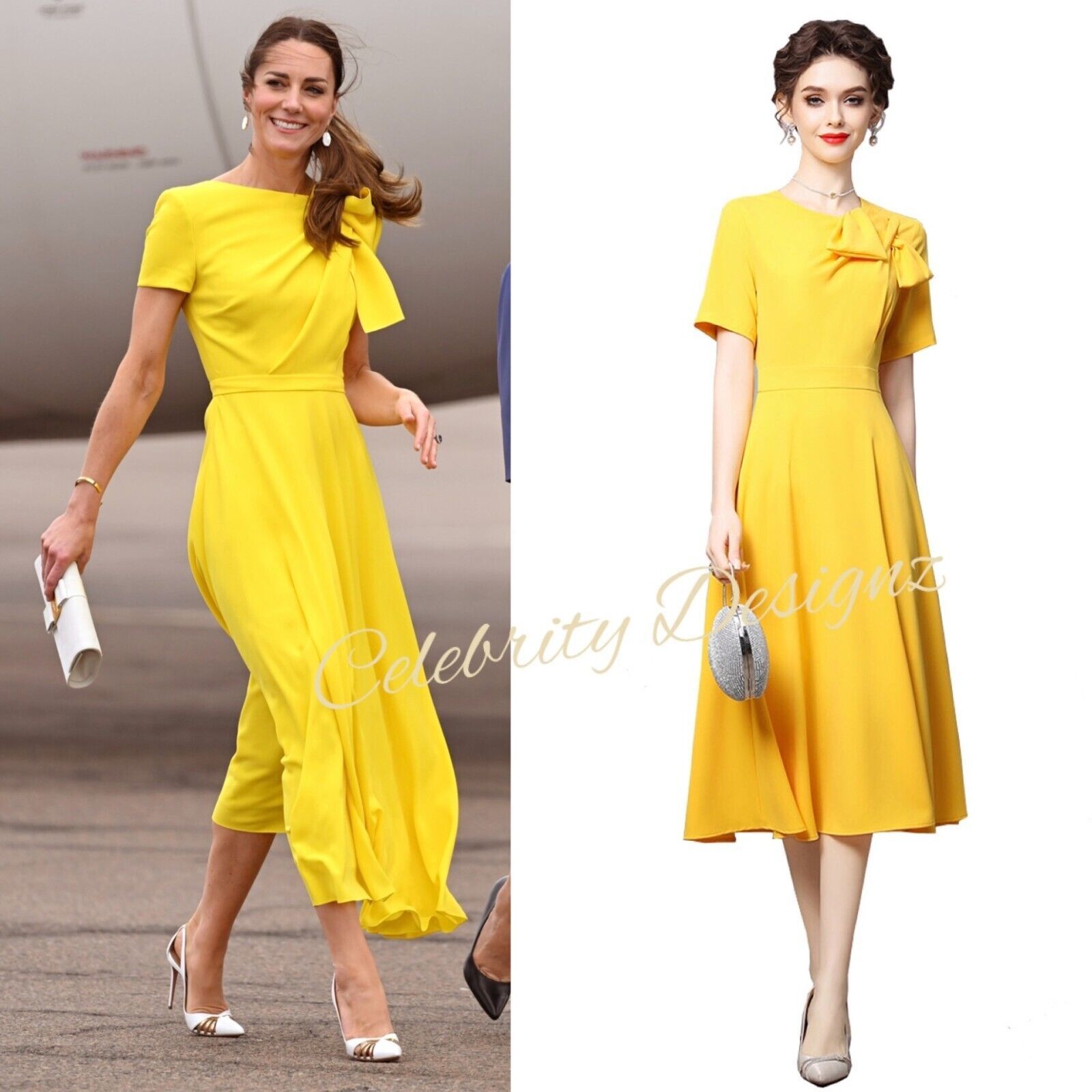 Kate Middleton Inspired Yellow Bow Details Short-Sleeved Fit-&-Flare Midi Dress
