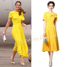 Kate Middleton Inspired Yellow Bow Details Short-Sleeved Fit-&amp;-Flare Mid... - $139.99