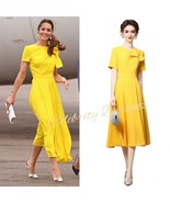 Kate Middleton Inspired Yellow Bow Details Short-Sleeved Fit-&amp;-Flare Mid... - $164.62 CAD