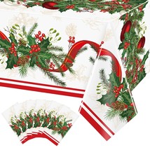 6 Pcs Christmas Plastic Disposable Tablecloth 108 X 54 Inch Holly Berry Ribbon G - $35.99