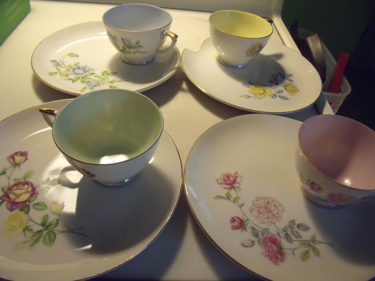 Lefton 4 Floral Design Snack Plates w/ Coordinating Cups w Gold Trim circa1965 - $60.00