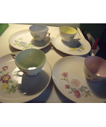 Lefton 4 Floral Design Snack Plates w/ Coordinating Cups w Gold Trim cir... - £47.19 GBP