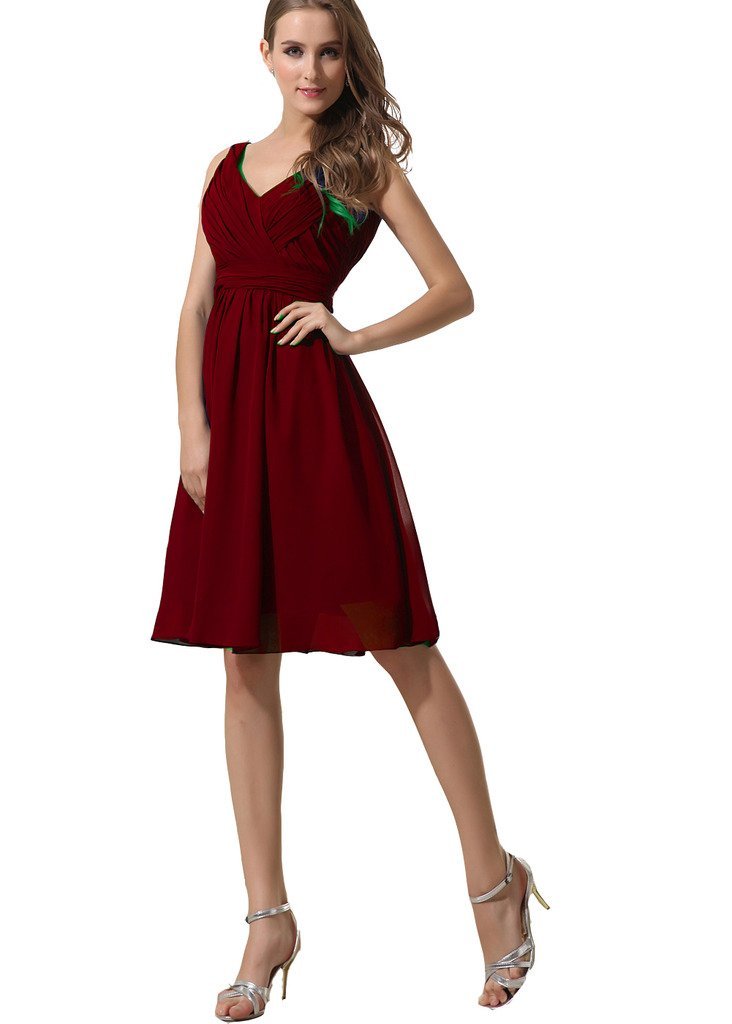 Kivary Women's Short V Neck Pleated Knee Length Prom Bridesmaid Dresses Burgundy