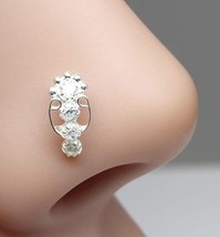 Cute Vertical Indian Style Real Silver White CZ Nose ring Push Pin - £10.56 GBP