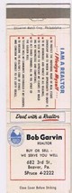 Matchbook Cover Bob Garvin Realtor Beaver Pennsylvania  - $3.95