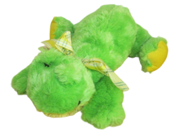 Hug & Luv plush green yellow frog lying down plaid neck bow ribbon 15" - $9.89