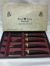 Regal Crest Sheffield 4 Steak Knives Stainless Faux Stag Horn Antler Eng... - £14.72 GBP