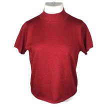 Sag Harbor Mock Neck Shirt Blouse ~ Sz M ~ Red ~ Sparkly ~ Short Sleeve  - £13.41 GBP