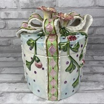 Gift Wrapped Present Bow Round Ceramic Cookie Jar International Art Hand... - $61.21