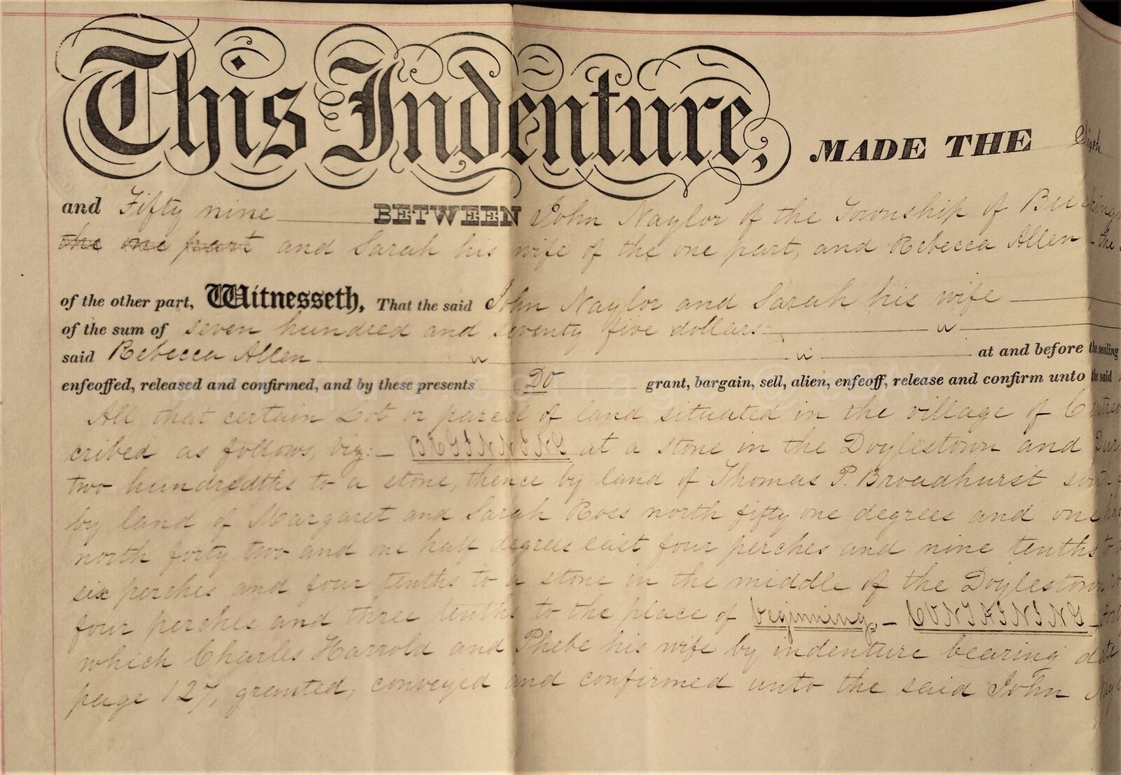 Primary image for 1859 antique DEED INDENTURE JOHN NAYLOR to REBECCA ALLEN buckingham warwick pa