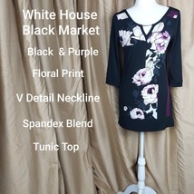 White House Black Market Black And Purple Floral Print Spandex Blend Detail V... - £12.78 GBP