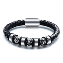 Men Jewelry Stainless Steel Black Leather Freemason Bracelet Braided Magnet Bang - £12.16 GBP