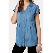 Style Co Womens M Sun Wash Blue Denim Collared Short Sleeves Top NWT CG71 - £19.21 GBP