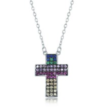 iJewelry2 Sterling Silver Rainbow Pave Multicolor CZ Cross Pendant Necklace 18&#39;&#39; - £37.09 GBP+