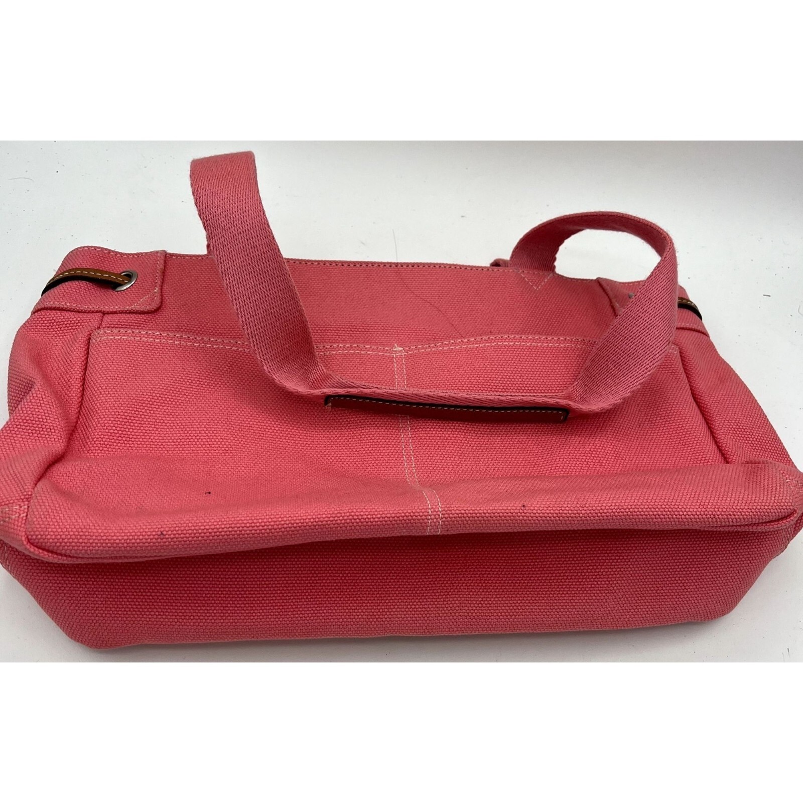 fossil pink canvas brown leather handbag satchel tote shopper key charm 75082 Item image 6