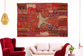 Indian Heavy Hand Embroidered Wall Hanging Vintage Zari Patchwork Beads Tapestry - £58.18 GBP