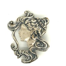 Vintage Signed Sterling Art Nouveau Repousse Carved Lady Face Brooch Pendant - £43.51 GBP