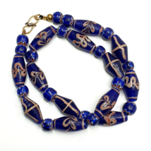 Beautiful Vintage Blue Floral ART Fancy and Chevron GLASS beads necklace - £50.21 GBP