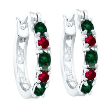 2.10 CT Simulated Emerald With Ruby Hoop Earrings 14K White Gold Plated Silver - £29.40 GBP