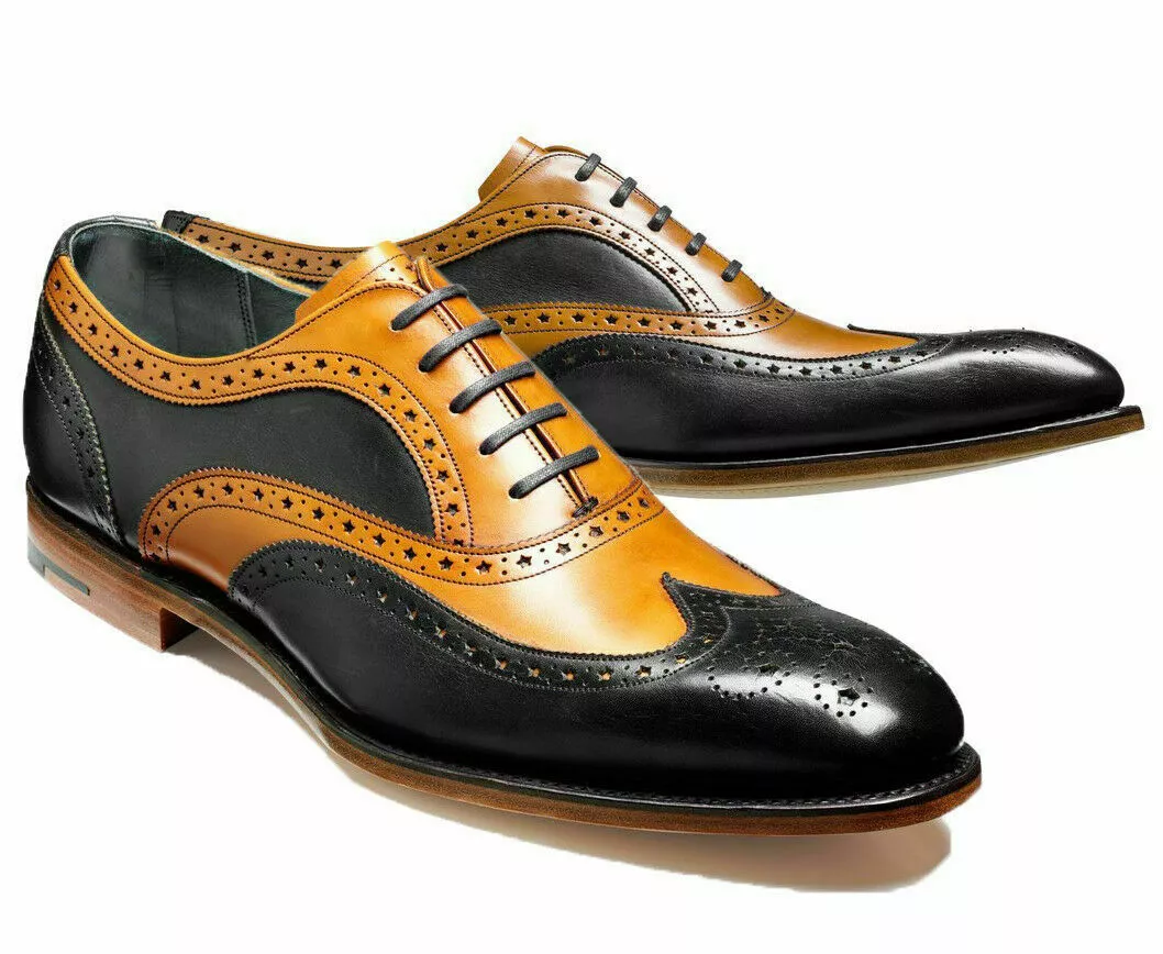 Handmade Men Two Tone Black &amp; Tan Brogue Fashion Dress Shoes, Lace Up Me... - £125.68 GBP