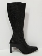 Mia DEACON 4607 Cut-Out Black Leather Heel Boot Knee High Floral Zipper ... - $59.00