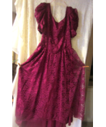 Vintage 1980s burgundy lace puff sleeve prom dress - £74.24 GBP