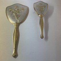 Vintage Brush Mirror Vanity Set Flowers Vines Gold Tone Metal - £17.88 GBP