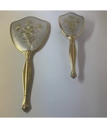 Vintage Brush Mirror Vanity Set Flowers Vines Gold Tone Metal - £17.67 GBP