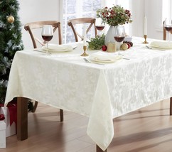 Christmas Carol Holiday Noel Damask Tablecloth Holly Leaf and Poinsettia Weave D - £41.97 GBP