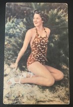1940&#39;s Linen Postcard - Woman Posing in a Brown/White Bathing Suit - $4.00