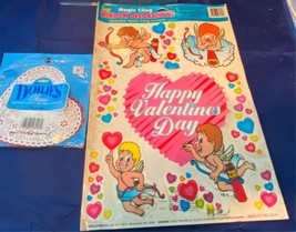 Valentine&#39;s Day Cupid + Doilies Vintage Vinyl Window Decorations Clings ... - £10.97 GBP