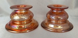 (2) Federal Glass Iridescent Orange Carnival Glass Madrid Candlestick Holders - £19.50 GBP