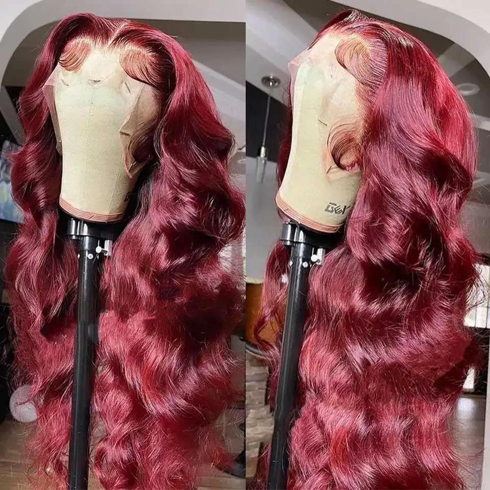 Burgundy 99J 13x6 Hd Red Lace Frontal Human Hair Wig  Colored Body Wave W - £88.36 GBP+