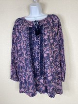 Lucky Brand Womens Size M Purple Floral Boho Tassled Blouse Long Sleeve - £8.14 GBP