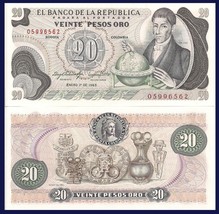 Colombia P409d, 20 Peso, Francisco José de Caldas / Gold Museum $10 CV!!... - £1.84 GBP