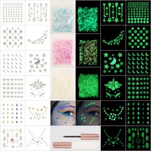  Face Gems 12Pcs Luminous Face Jewels Rhinestones Stickers and 15g Ch - £19.82 GBP