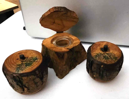 Vintage Live Edge Wood Acorn Salt and Pepper Shakers w/ Wood Toothpick Holder - £11.47 GBP