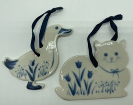 Vintage Russ Berrie Blue Delft Cat &amp; Duck Porcelain Ceramic Christmas Ornament - £9.02 GBP