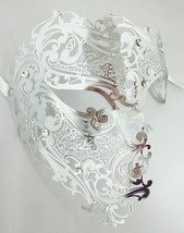 Silver Phantom Half Skull Metal Laser Cut Rhinestone Venetian Masquerade Mask - £14.78 GBP