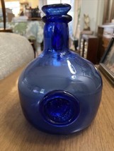 Cobalt Blue Bottle Art Glass Hand Blown Applied Handle Wax Seal Crest 7” - £15.47 GBP