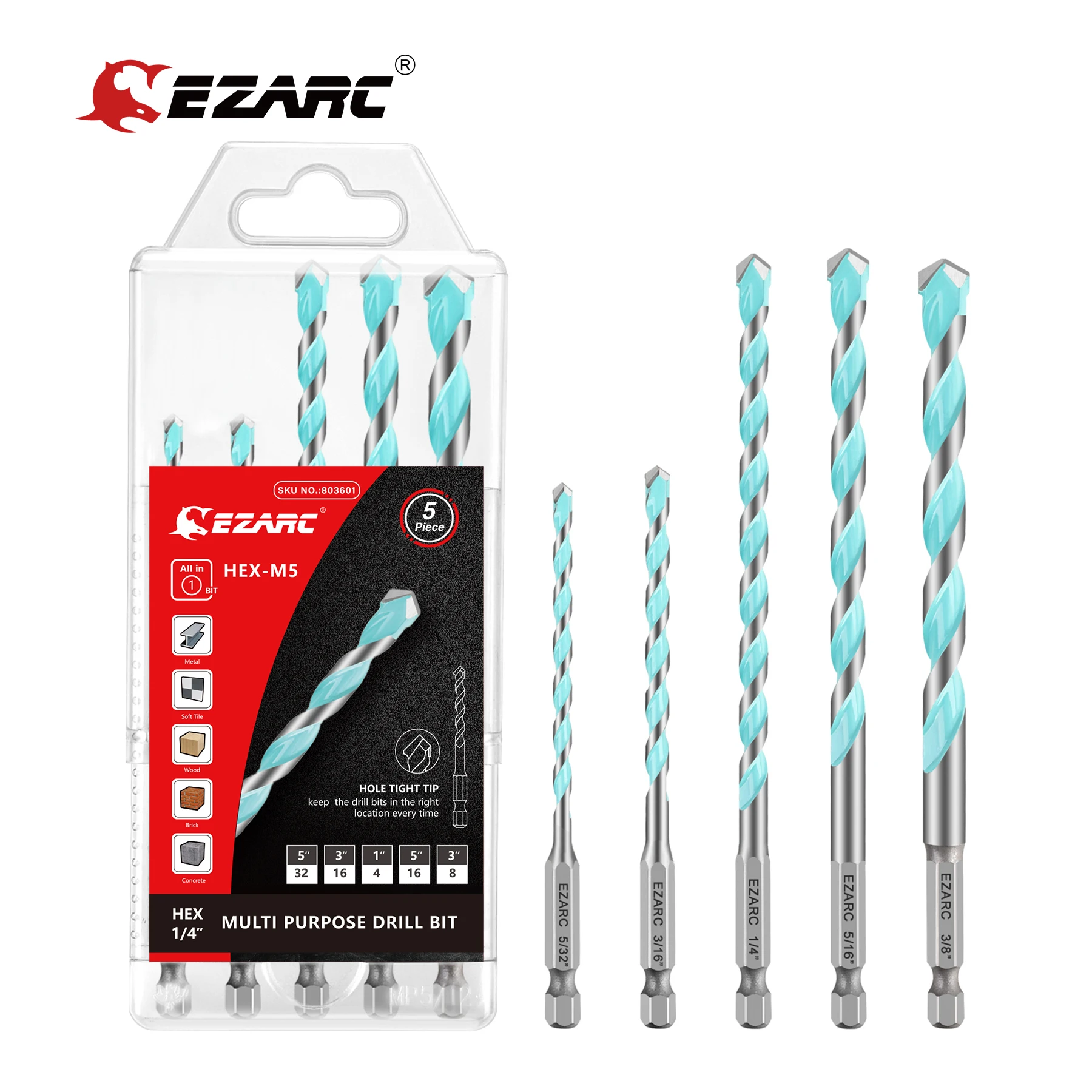 EZARC 5Pcs Carbide Tip Multi-Purpose Drill Bit Set Hex Shank Masonry Drill Bit K - £178.25 GBP