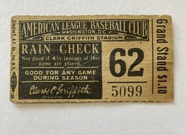 1944 American League Baseball Club Ticket Rain Check Washington Senators - $500.00