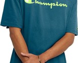 Champion Men&#39;s Script Logo T-Shirt in Nifty Turquoise Scrip-Small - $15.99