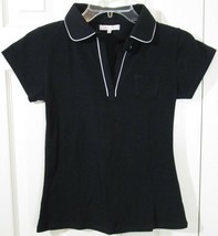 NWT New Mix Girl&#39;s Black Stretch SS Top with White Piping, Medium - £7.87 GBP