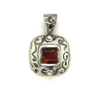 Vintage Sterling Silver Signed Silpada Tribal Carve Cushion Amber Stone Pendant - £58.07 GBP