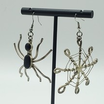 Spider and Web Earrings Pierced Hook Silver Tone Halloween Witch Jewelry - $19.75