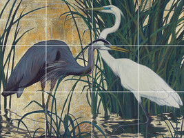 A Great Blue Heron And A Egret In Marsh wildlife ceramic tile mural backsplash - £47.32 GBP+